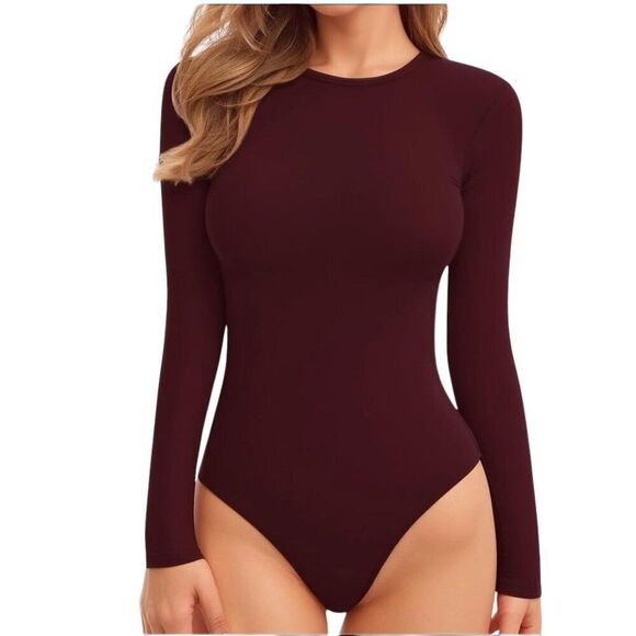 Mangopop Bodysuit Burgundy Long Sleeve Crew Neck Medium NWT - Picture 1 of 4